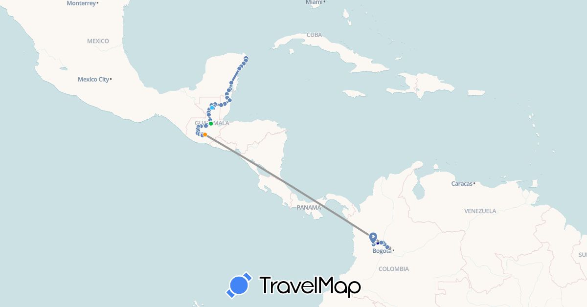 TravelMap itinerary: driving, bus, plane, cycling, boat, hitchhiking in Belize, Colombia, Guatemala, Mexico (North America, South America)